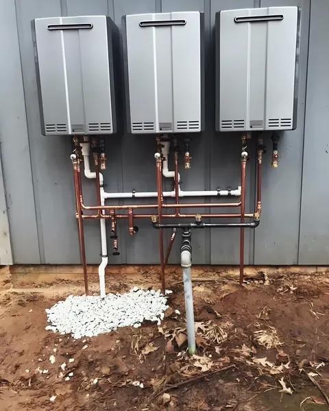 Three tankless water heaters installed on exterior wall, from East Texas Leak Locators & Plumbing Services’s own photographs.