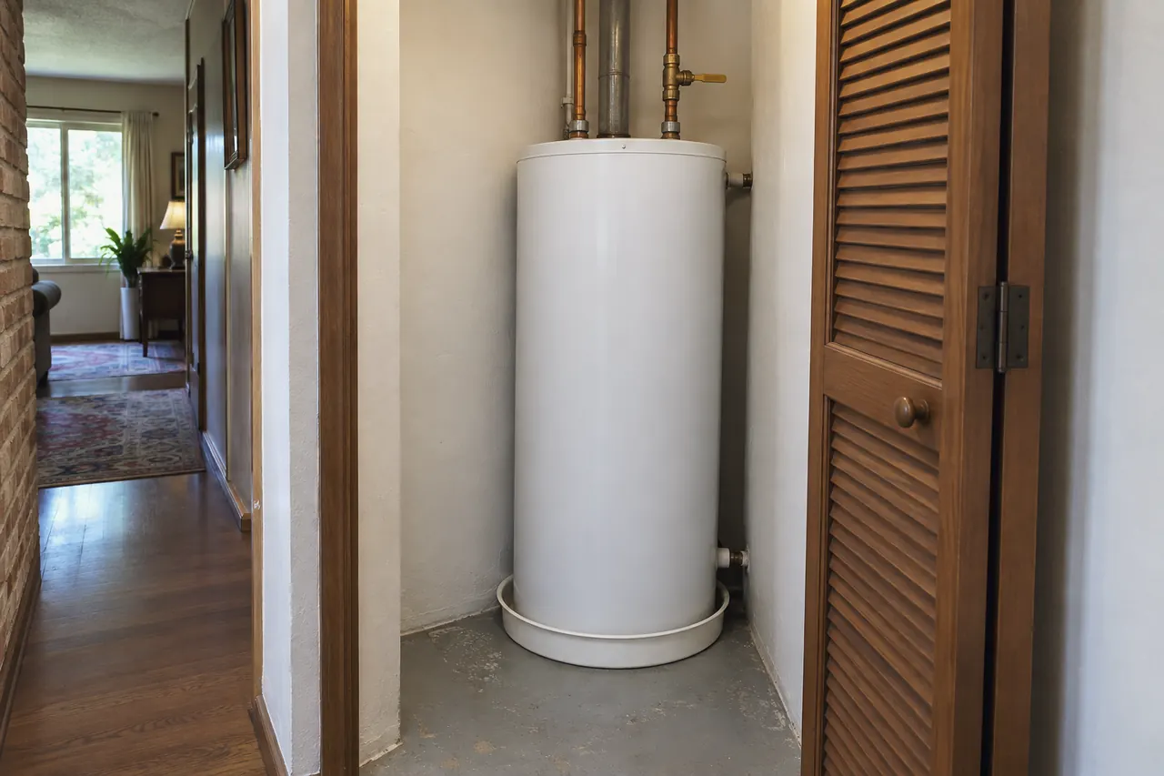 A tidy water-heater closet with an unbranded tank, copper lines and a brass shut-off valve. (illustrative image)