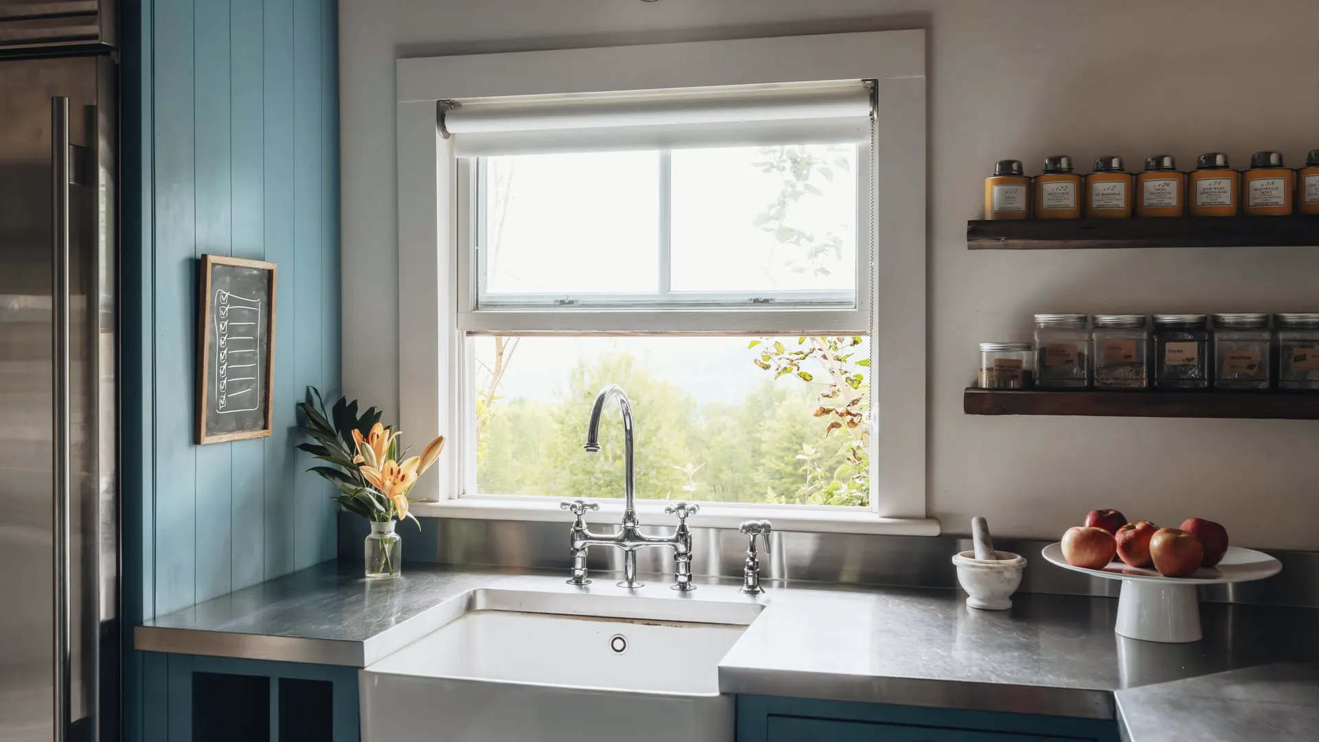 A white farmhouse sink under a sunny window, with deep blue cabinets and open shelves.