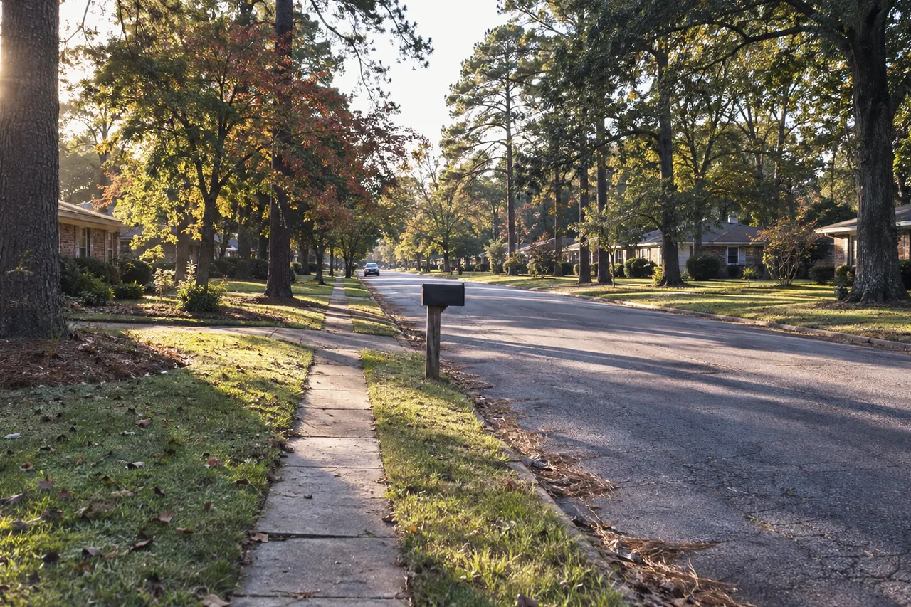 A quiet East Texas street of brick ranch houses under tall pines, late afternoon. (illustrative image)