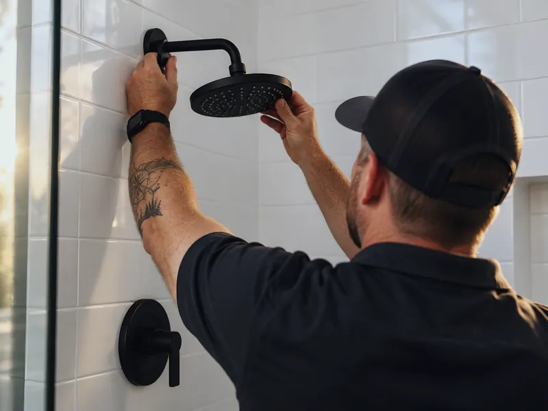 Technician installing shower head: an AI-enhanced reconstruction of American Plumbing Co.’s own photograph.