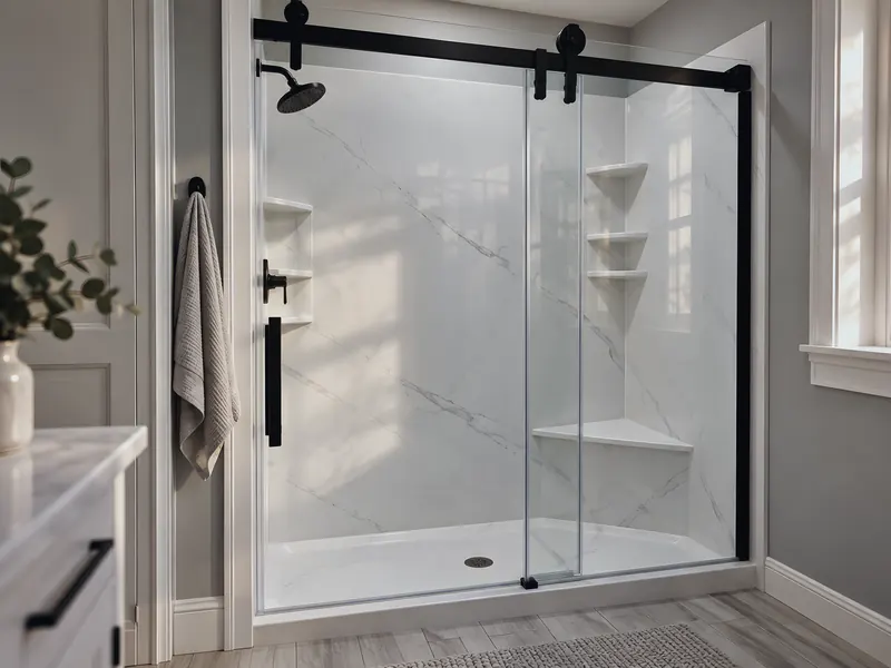Finished shower with glass door: an AI-enhanced reconstruction of Eschberger Plumbing Company LLC’s own photograph.