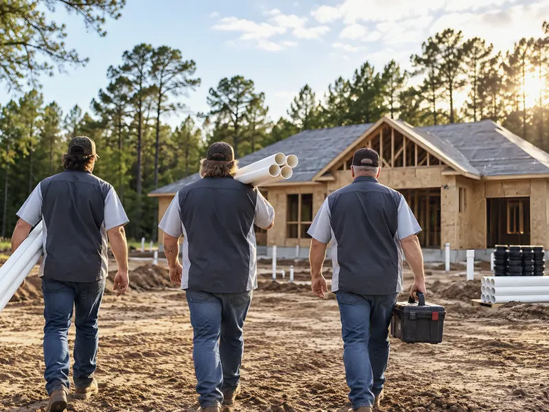 Three-man crew in Lee's Plumbing uniforms: an AI-enhanced reconstruction of Lee's Plumbing’s own photograph.
