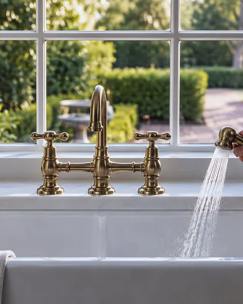 Brass kitchen faucet install, Mink van visible outside: an AI-enhanced reconstruction of The Mink Plumbing’s own photograph.