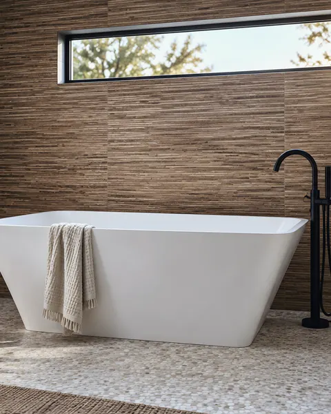 Freestanding tub install: an AI-enhanced reconstruction of PrimeTime Plumbing’s own photograph.