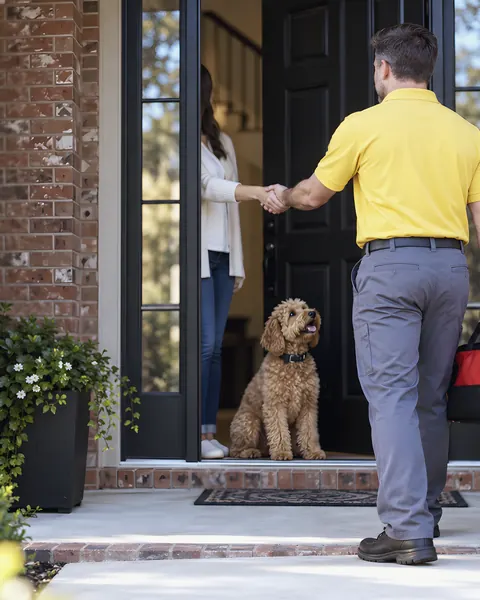 Uniformed technician greeting homeowner at the door: an AI-enhanced reconstruction of Rub-A-Dub Plumbing’s own photograph.