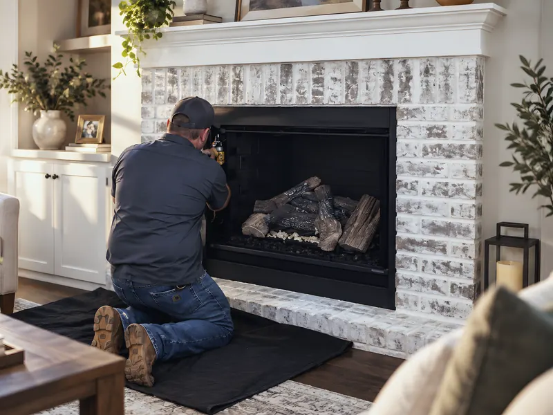 Uniformed technician servicing a gas fireplace: an AI-enhanced reconstruction of TDi Services’s own photograph.