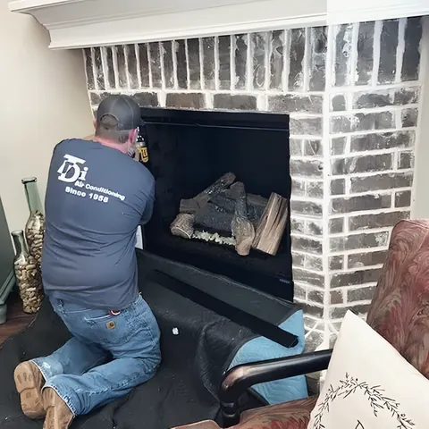 Uniformed technician servicing a gas fireplace, from TDi Services’s own photographs.